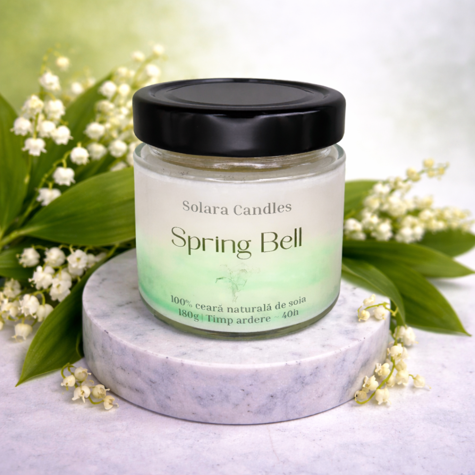 SPRING BELL, Lacramioare, efect marmura, verde, 180g, ardere 40 h, lumanare parfumata din ceara de soia, Solara Candles
