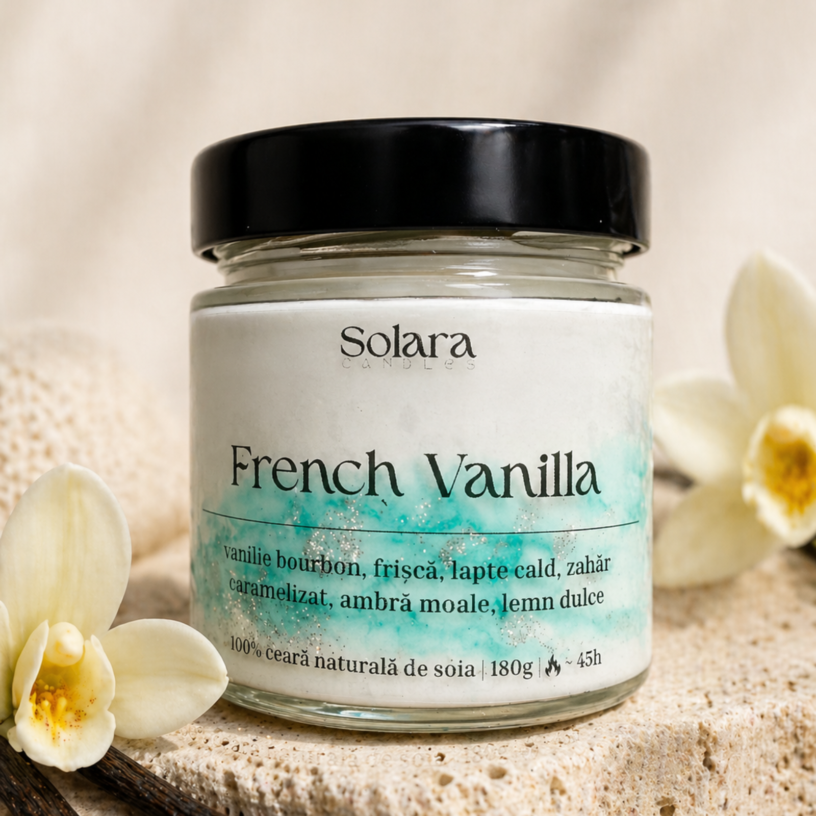 FRENCH VANILLA, marmura, verde, 180g, ardere 45 h, lumanare parfumata din ceara de soia, Solara Candles