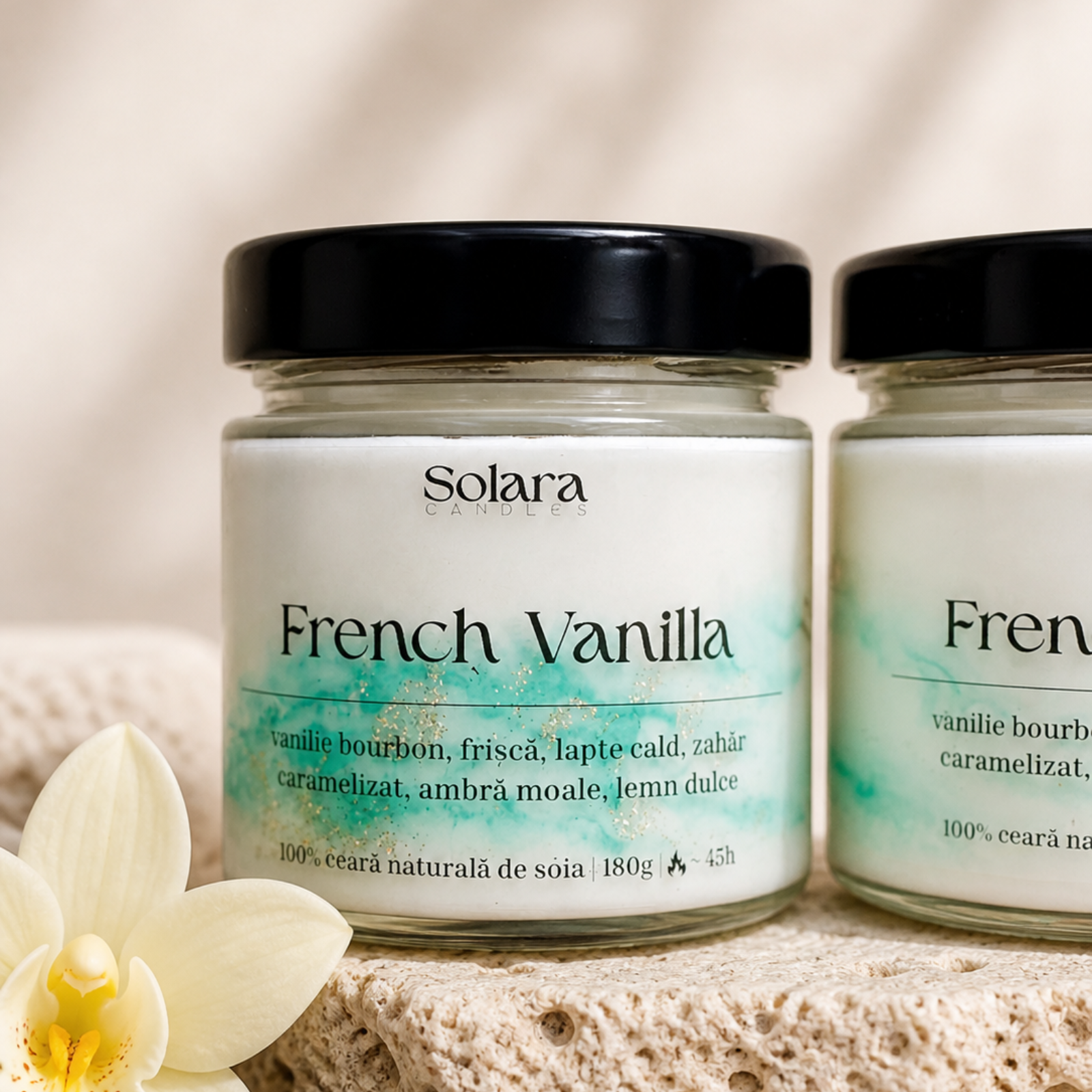 FRENCH VANILLA, marmura, verde, 180g, ardere 45 h, lumanare parfumata din ceara de soia, Solara Candles - imagine 2