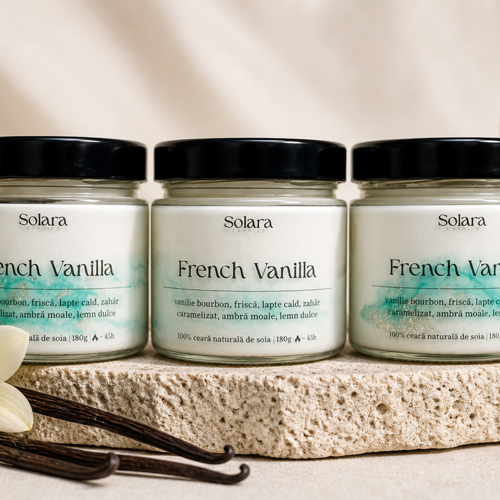 FRENCH VANILLA, marmura, verde, 180g, ardere 45 h, lumanare parfumata din ceara de soia, Solara Candles - imagine 3