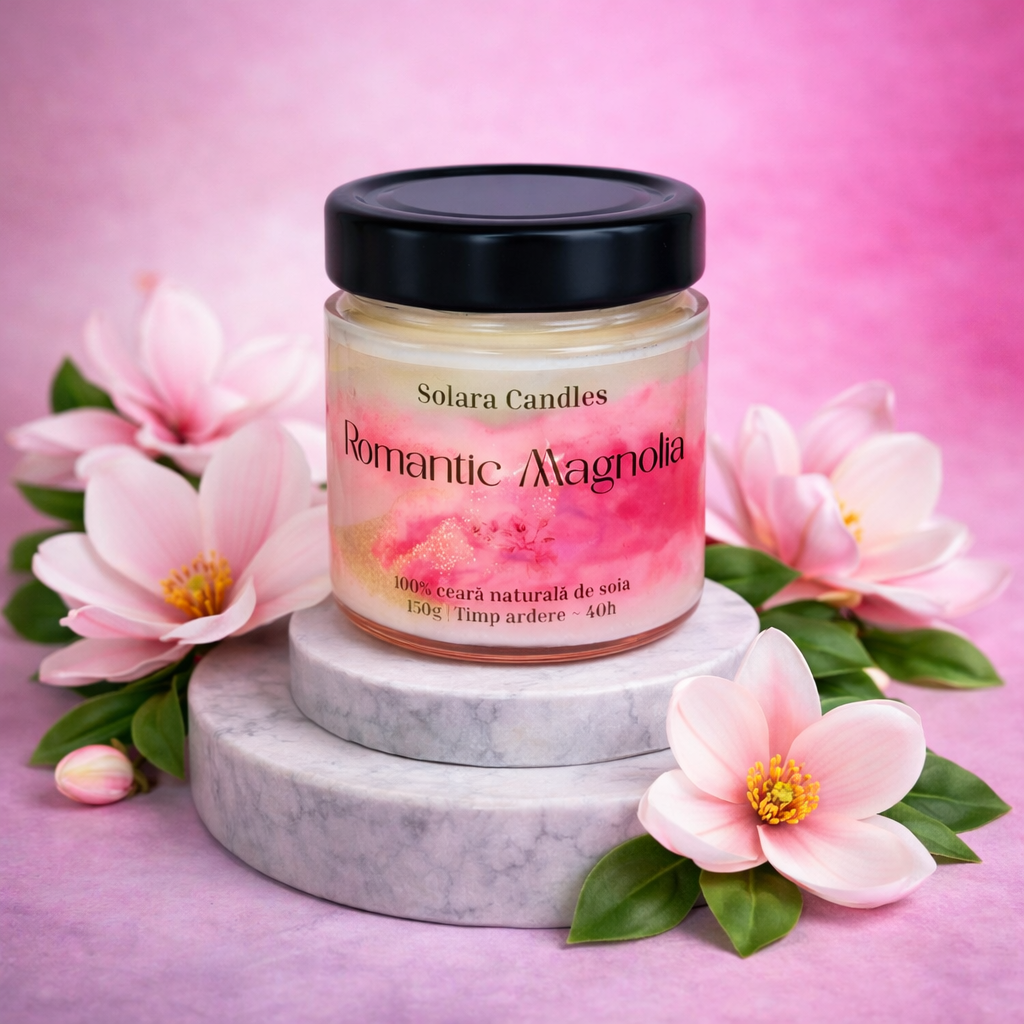 ROMANTIC MAGNOLIA, marmura, roz, 180g, ardere 45 h, lumanare parfumata din ceara de soia, Solara Candles