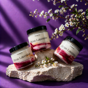 CITRUS LAVENDER, marmura, mov, galben, 180g, ardere 45 h, lumanare parfumata din ceara de soia, Solara Candles