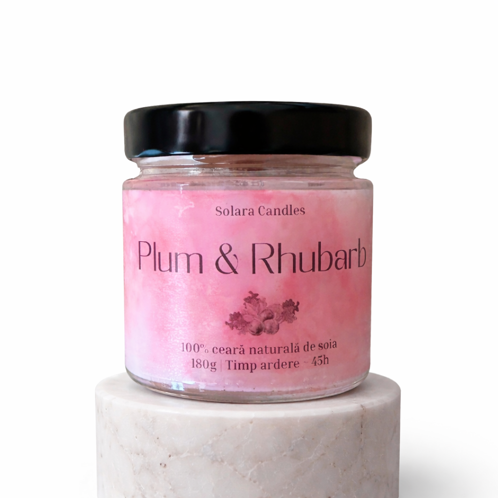 PLUM & RHUBARB, marmura, roz, mov, 180g, ardere 45 h, lumanare parfumata din ceara de soia, Solara Candles - imagine 2